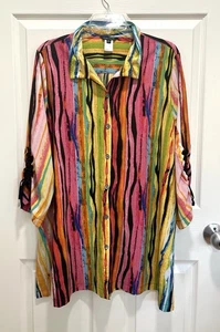 JOHN MARK mehrfarbig gestreiftes Hemd mit Knöpfen XL geraffte Bindeärmel Drahtkragen künstlerisch - Bild 1 von 8