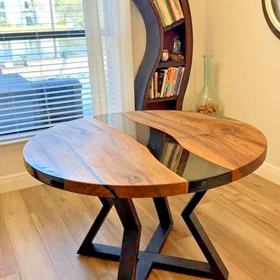 Round Walnut Epoxy Resin Tabletop Custom Handmade Furniture For Modern Home - Image 1 of 4