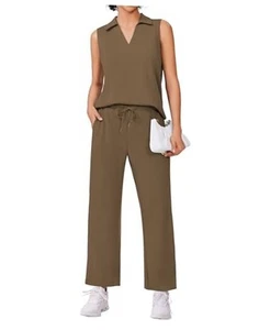 Two Piece Sets for Women Sleeveless Outfits Travel Tracksuit V X-Large Brown - Picture 1 of 6