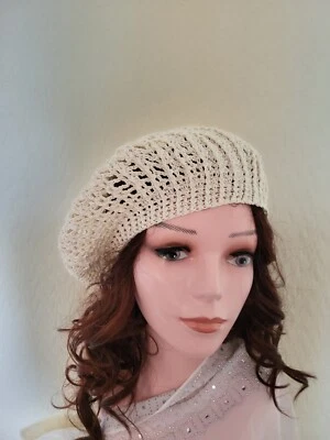 Beautiful Handmade Summer Crochet Beret Ladies Hat Cotton Size M Creamy  — 第 1/4 张图片