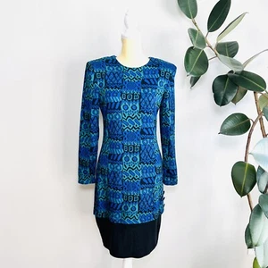VTG 80’s 90’s All that jazz Geometric Print sweater dress shoulder pads Sz 9/10 - Picture 1 of 8