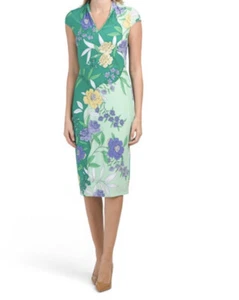 London Times Sheath Dress Boho Print Stretch Cap Sleeve Size 4 NEW - Picture 1 of 5