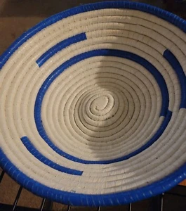 Handmade African Woven Baskets Recycled plastic. Blue and white. - Picture 1 of 4