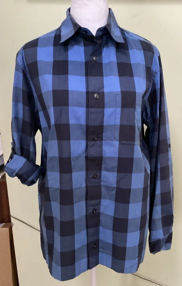 Spring + Mercer Men's Blue & Black Plaid Roll Tab Long Sleeve Casual Shirt Small - Image 1 of 4