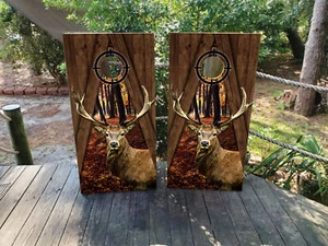 WATERPROOF & FADEPROOF Cornhole Board Wraps /  Autumn Forest Deer Hunter - Picture 1 of 3