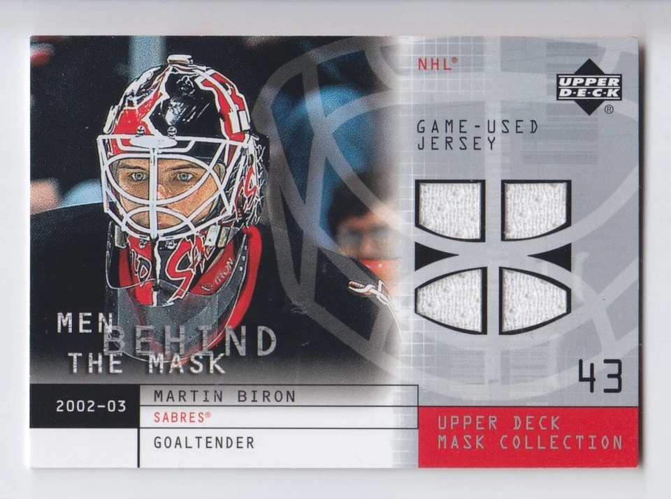 2002-03 UD MASK MARTIN BIRON JERSEY GAME USED MEN BEHIND THE MASK Upper Sabres - Image 1 of 1