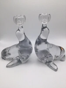Art Glass New Martinsville/Viking Seal Shaped Candleholders Clear - Picture 1 of 4