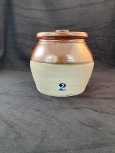 Vintage Pot Belly Stoneware Crock / Bean Pot with Lid and Handle - Stamped "2" - Picture 1 of 8