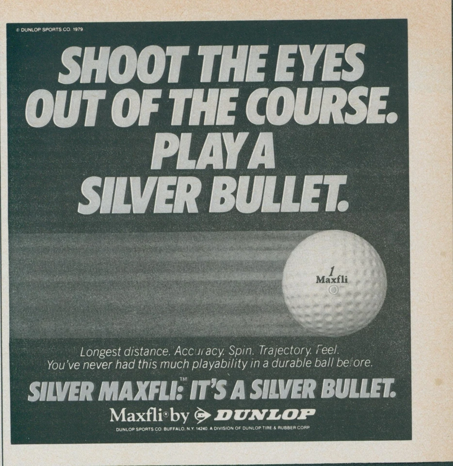 Pelota de golf Dunlop Silver Maxfli 1979 ojos de tiro de bala campo anuncio impreso de colección SI3 Foto 1 de 1