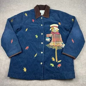 Quacker Factory Women's M Corduroy Jacket Blue Embroidered Scarecrow Fall Leaves - Picture 1 of 14