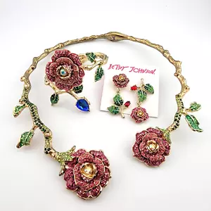 Bracciale Betsey Johnson Flitter Rosa Fucsia r & Collana e Orecchini. - Foto 1 di 9