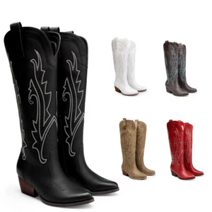 Women's Cowboy Knee High Boots Chunky Heel Western Cowgirl Boots US Size - Picture 1 of 46
