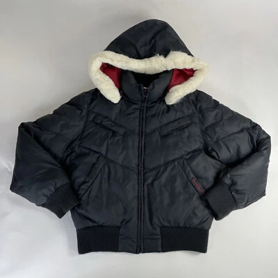 Vintage Tommy Hilfiger Jeans Jacket XL Black Girls Puffer Full Zip Fur Hooded - Image 1 of 4