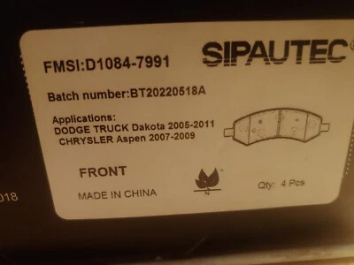 Pastillas de freno delanteras de cerámica Dodge Truck Dakota 2005-2011/Chrysler Aspen 2007-2009 Foto 1 de 3