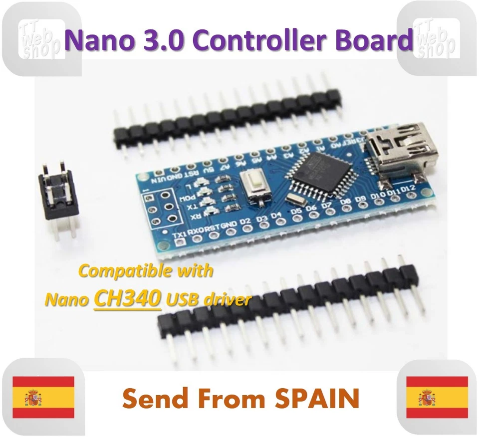Nano V3.0 Controller Board Atmega328 Compatible Arduino Nano CH340 USB Driver - Imagen 1 de 4