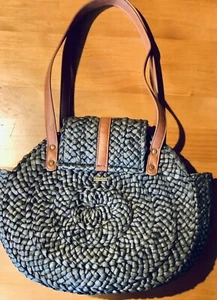 Blue Grey Charcoal BILLABONG Round Straw Beach Shoulder Bag Tote Handbag - Picture 1 of 7