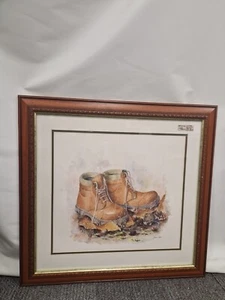 Botas de Senderismo Campo Enmarcadas Original Acuarela Por Steve Oxford - Imagen 1 de 7
