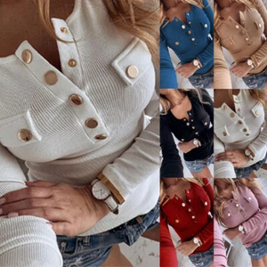 Womens Ribbed Button Neck Jumper Tops Ladies Slim Fit Long Sleeve Shirts Blouse - Picture 1 of 18