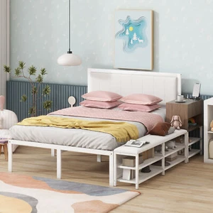 Full Metal Platform Bed W/Two-Tier Storage Shelves Wooden Storage Cabinet 334K - Picture 1 of 13
