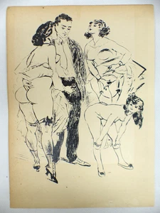 Tusche Federzeichnung Erotisches Blatt mit 3 Frauen 30 cm x 22 cm - Picture 1 of 3
