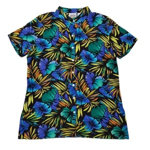 80er Jahre Chico's Design 100 % Seide Palmwedel Po vorne Bluse Größe Large - Bild 1 von 3