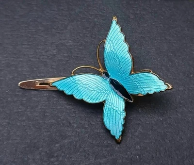 Clip de pelo vintage azul esmalte guilloche mariposa pasador marcado Japón tono G Foto 1 de 4