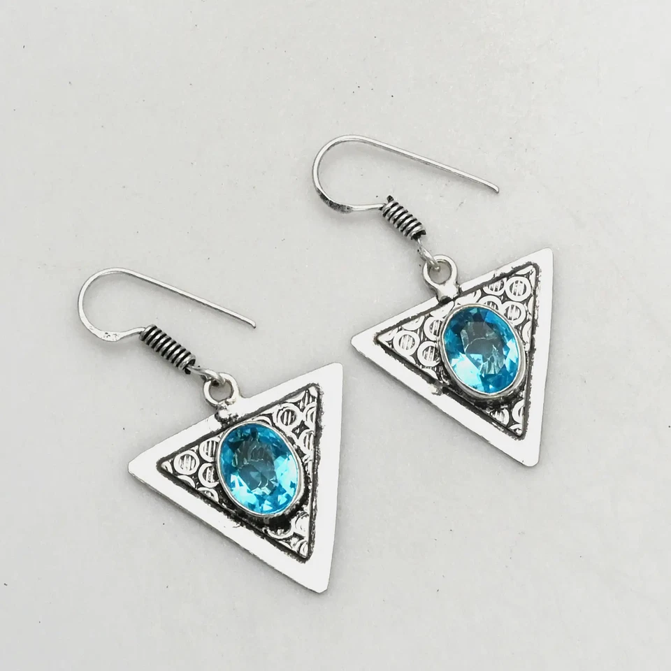 Pendientes colgantes hechos a mano de piedras preciosas de topacio azul joyería para ella 1,4" AE-99530 Foto 1 de 1