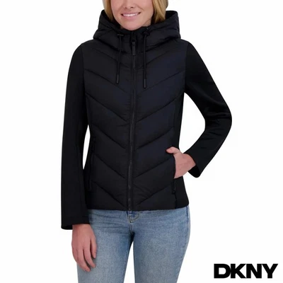 DKNY Women’s Mixed Media Black Jacket Lightweight Zip Front Coat,  Large - Image 1 of 4