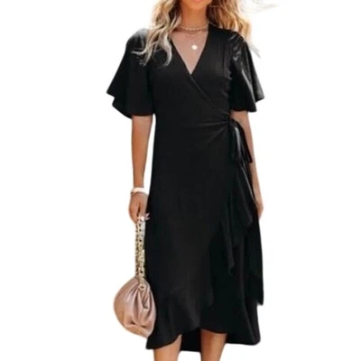 Vestido midi Koko + Mason negro envolvente con volantes talla pequeña nuevo con etiquetas Foto 1 de 4