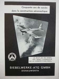 1962 PUB SIAT WMD SIEBELWERKE DONAUWORTH SIAT 223 FLUGZEUG AIRCRAFT FRENCH AD - Picture 1 of 1
