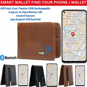 Mens Smart Wallet Anti-Lost Tracker Bluetooth Device Bifold Genuine Leather Soft - Picture 1 of 17