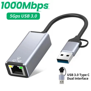 2 in 1 USB A / Type C to RJ45 LAN Network Card 1000Mbps Gigabit Ethernet Adapter - Picture 1 of 12