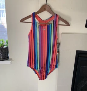 Speedo One Piece Swimsuit Girl's 16 UPF 50 Stripes Anthracite Racerback NWT - Picture 1 of 10