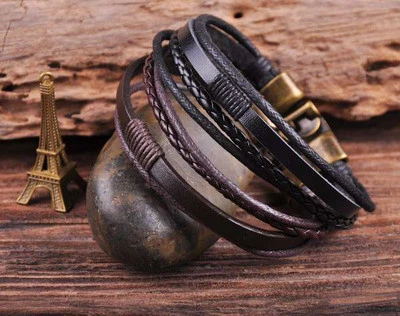 2 PIEZAS S535 NUEVO Cuero Real Cáñamo Trenzado Pulsera Hombre Puño Cierre Bronce Foto 1 de 4