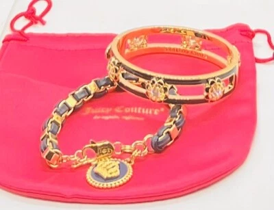 Nuevo sin etiquetas Juego de 2 brazaletes y corona de flores negras Juicy Couture con etiqueta de cuero azul Foto 1 de 4
