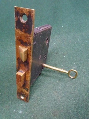 NORWALK # 470 MORTISE LOCK w/KEY, 5 1/2"  BRASSE FACE w/KEY, RESTORED (14275) Cover