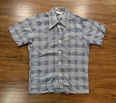 VTG 70’s Capri David Langman Shirt Men’s Size Medium Button Blue Polka Dot Plaid - Image 1 of 4