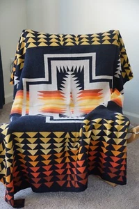 Pendleton Harding Wool Throw Blanket Knit 50"x 60" Navy Tan Yellow Orange NWT - Picture 1 of 12