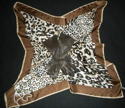 Bufanda de seda y guantes de cuero guepardo leopardo estampado animal marrón negro EE. UU. Foto 1 de 4