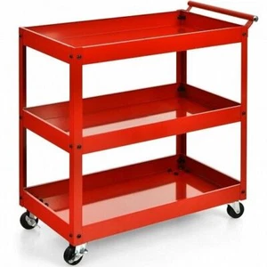 3-Tier Utility Cart Metal Mental Storage Service Trolley-Red - Color: Red - Picture 1 of 5