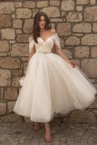 Off Shoulder Tea length Bridal or Formal Dress Size 10 - Picture 1 of 6
