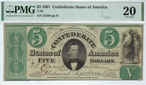 T-33 PF-13 1861 $5 Confederate Paper Money - PMG Very Fine 20 - Reoeivable error - Picture 1 of 3