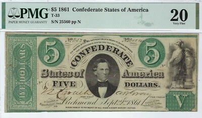 T-33 PF-13 1861 $5 Confederate Paper Money - PMG Very Fine 20 - Reoeivable error - Image 1 of 3