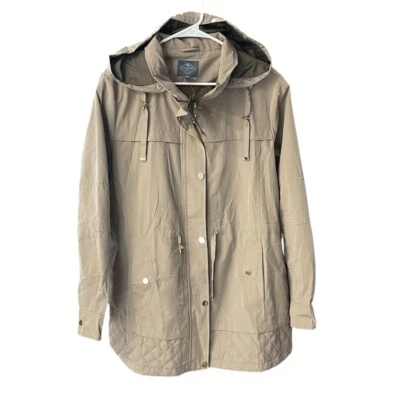 NWT St Johns Bay Rain Coat Womens XL Khaki Full Gold Zip & Snaps Pockets Hood — 第 1/4 张图片