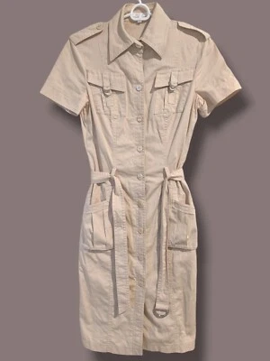 Escada Cream Fitted Belted Short Sleeve Button-Up Midi Shirt Dress Utility - Image 1 of 4