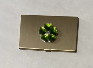 Business ID Credit Card Holder Wallets Pocket Case Metal-Green Flower Design - Picture 1 of 4
