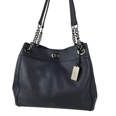 Bolso de Hombro Coach Edie Turnlock Edie en Cuero Azul Marino Guijarro 13" x 11" x 5" Foto 1 de 4