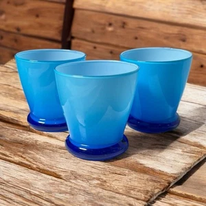 Set of 3 Hand Blown Cased Aqua Blue Art Glass Drinking Glasses MCM Barware Ombré - Picture 1 of 8