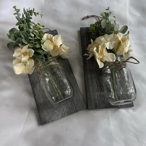Wood Wall Decor Flower Bunch With Mason Jars Set Of 2 - Picture 1 of 4