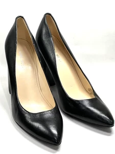 NINE WEST WOMEN BLACK LEATHER DRESS SHOES POINTED TOE HEELS SIZE 10M PRE-OWNED - Picture 1 of 6